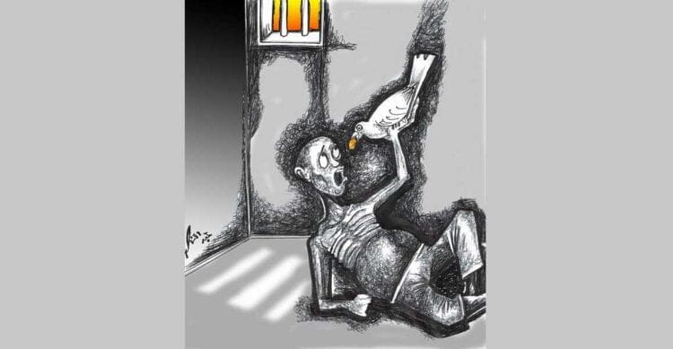 على كف أسرانا حطت عصافير الجليل وأطعمتهم فتات قلوبنا الرسم للفنان عبد الناصر الحوراني